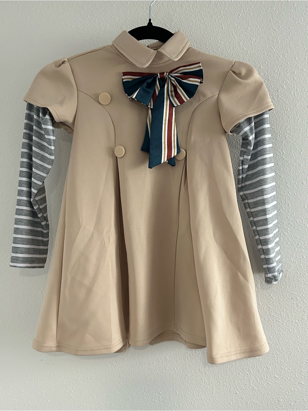Meghan LA Beige Dress with Gray Striped Sleeves and Navy/Red Bow